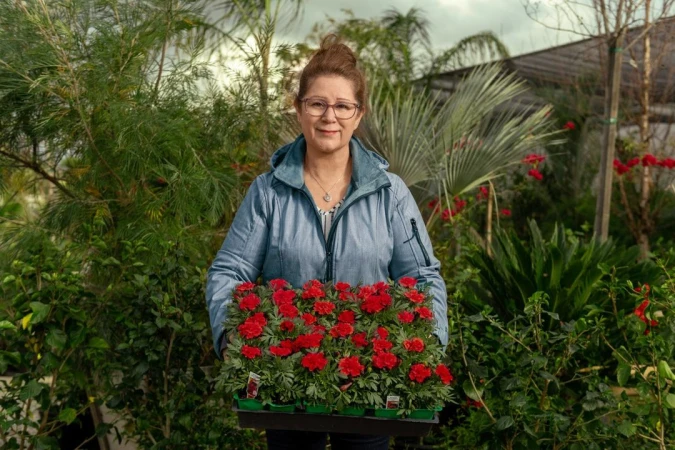 Woman holding tray of red geraniums in a lush garden center, surrounded by greenery and plants in a bright, outdoor setting.